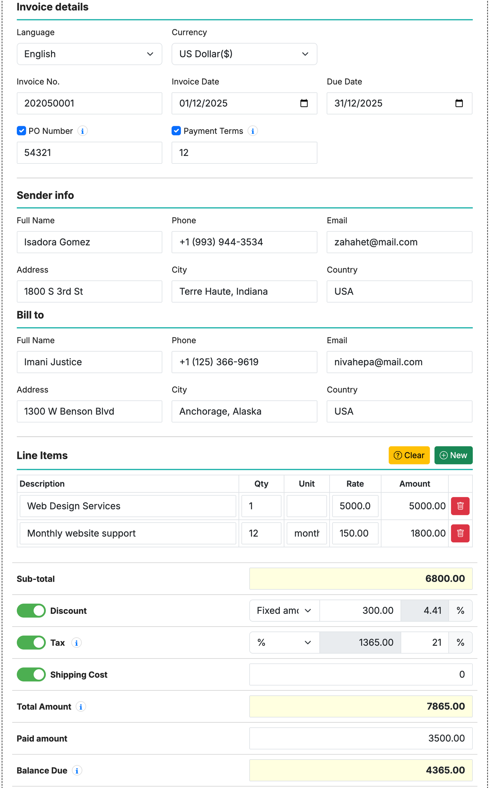 Free invoice generator form showing invoice details, template options, and customization fields